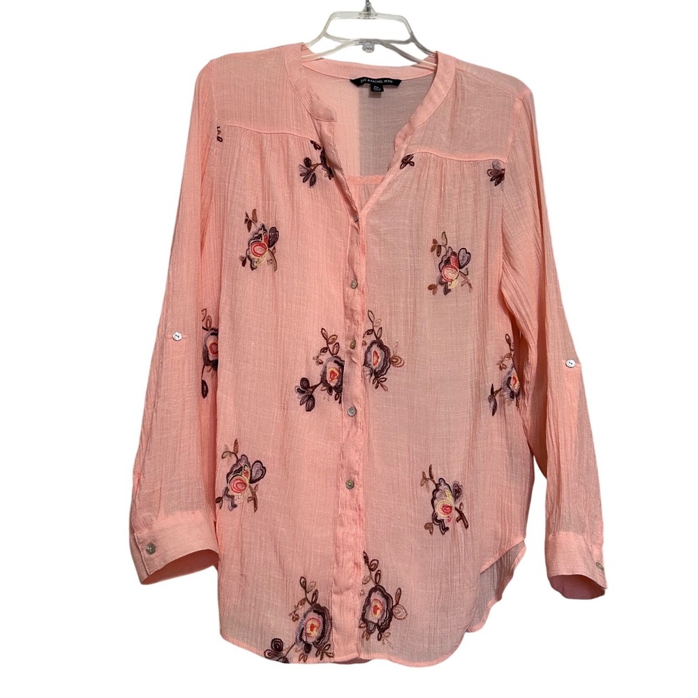 Zac & Rachel Petite XL Peach Pink Floral Embroidered Crinkle Gauze Blouse